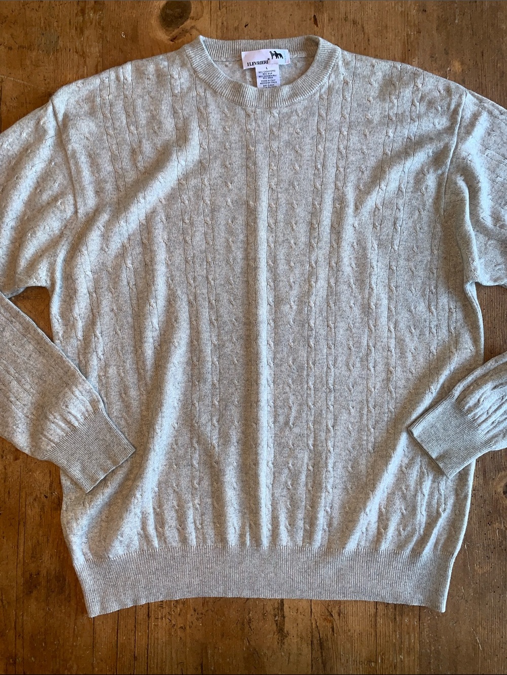 I Levrieri Italian Cashmere Silk Light Gray Cable-Knit Crewneck Sweater - Picture 6 of 16